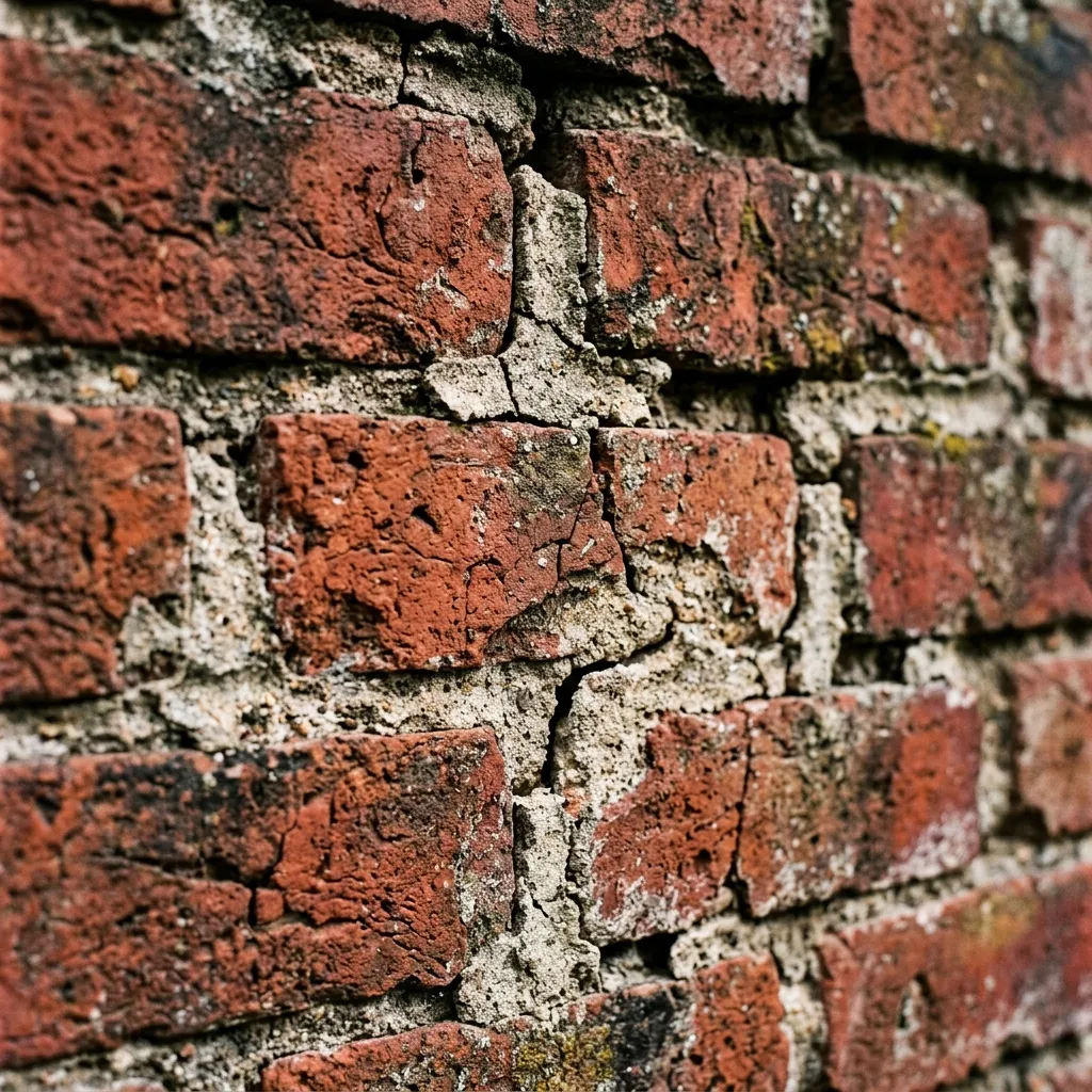 High detail view of settling historic brick masonry.