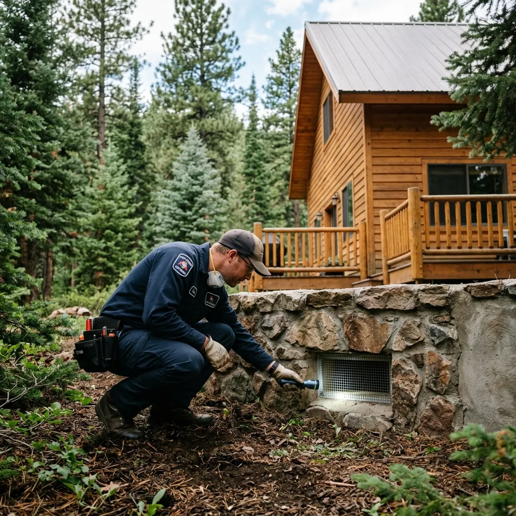 Rodent control technician inspecting the exterior foundation of a forest-edge home in Glenshire.